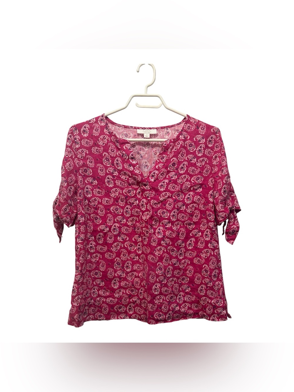 Paisley Boho Resort Wear Tie-Sleeve V-Neck Blouse in Raspberry Pink 100% Linen